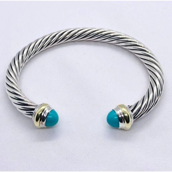 David Yurman Sterling Silver 925 & 14k Gold 7mm Cable Turquoise Cuff Bracelet - Picture 1 of 12